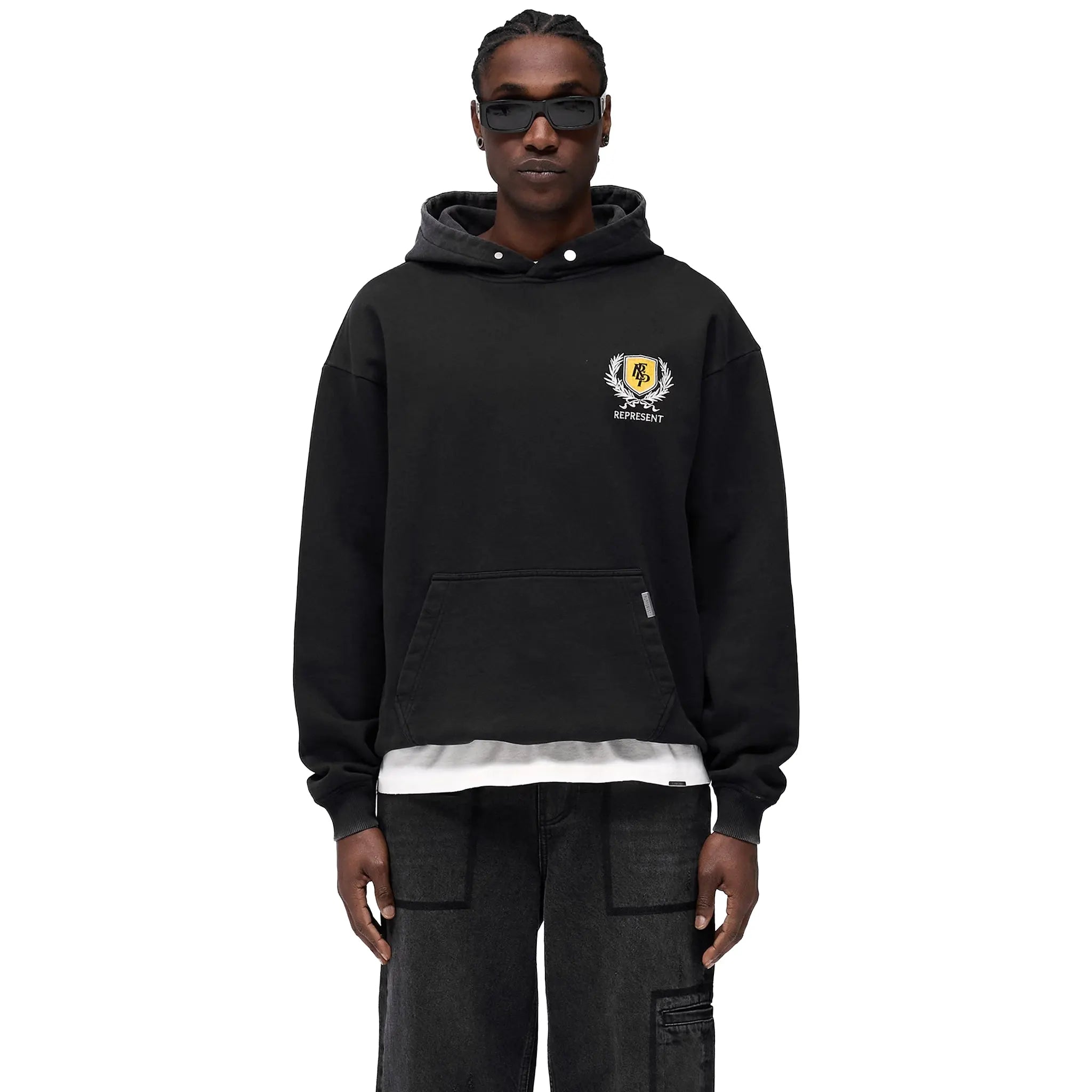 Model Full front View of Represent Crest Black Hoodie MLM41067-06